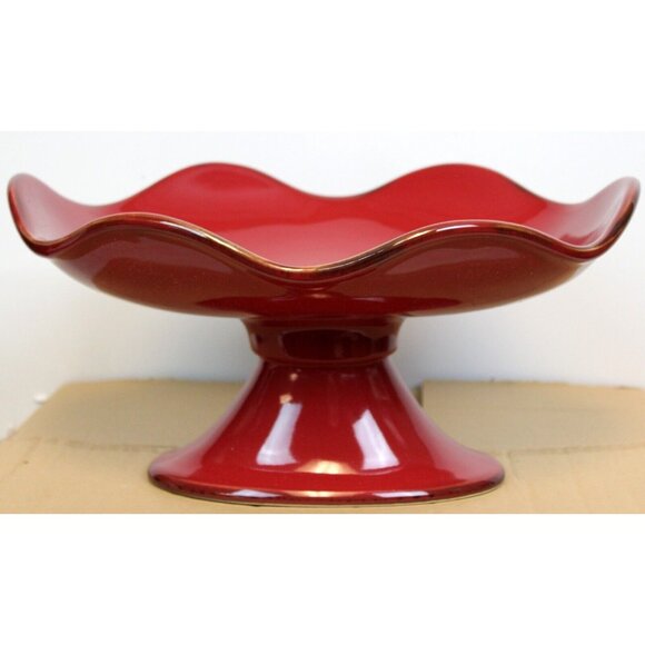 Southern Living Cinnabar Footed Serving Bowl Red Stoneware Pedestal Ruffled Edge - Picture 2 of 9